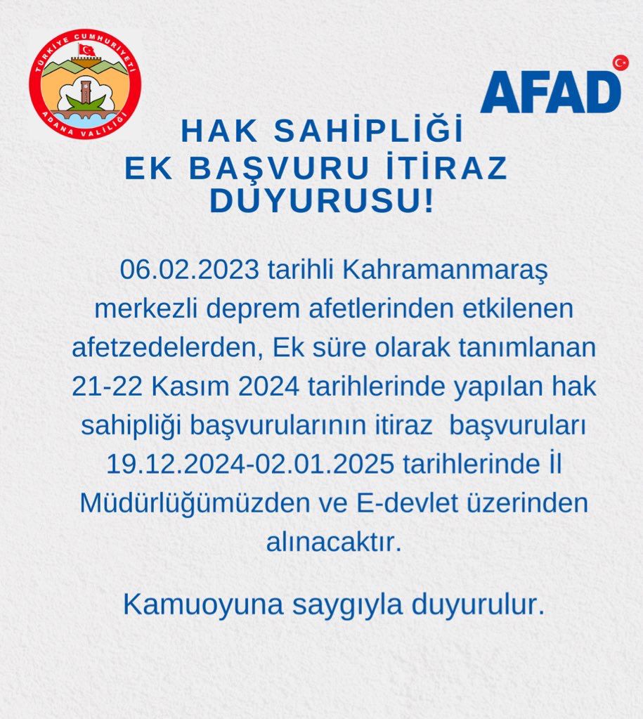 Hak Sahipliği Ek Başvuru İtiraz Duyurusu